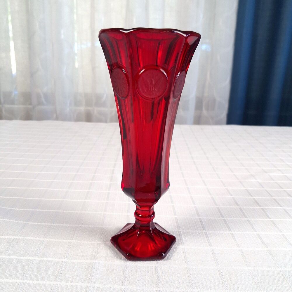 Vtg Fostoria Coin Glass Ruby Red Bud Vase 8" Footed Fluted Medallion Excellent